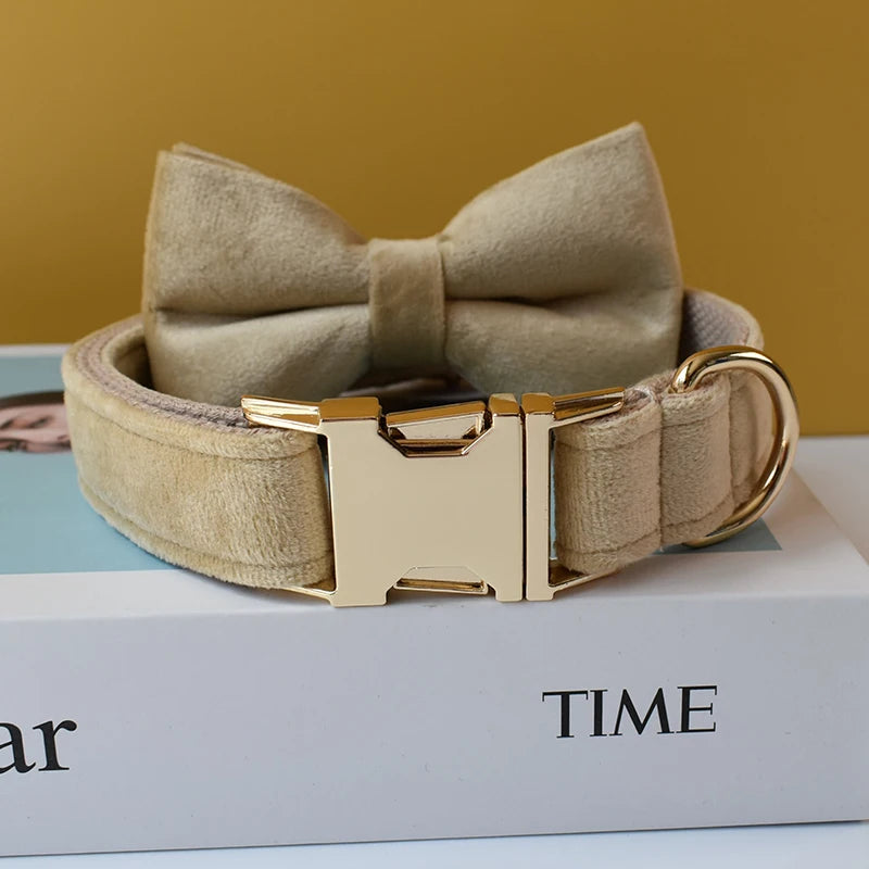 Free Engrave Fabric Dog Collar Leash Set for Medium Big Pet Necklace with Bow Tie Khaki Velvet Name Necklace Flannelette 09