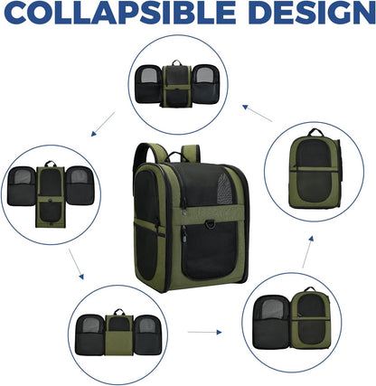 Dog & Cat Carrier Backpack for 4-15Lb Pets - Ventilated Safe Design with Padded Back Support, Breathable Mesh Pet Backpack for Hiking, Travel, Outdoor (Green)