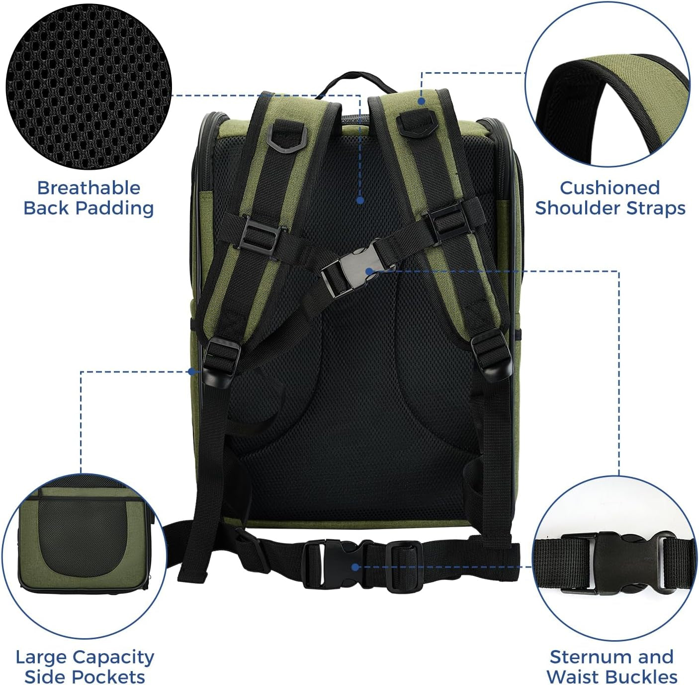 Dog & Cat Carrier Backpack for 4-15Lb Pets - Ventilated Safe Design with Padded Back Support, Breathable Mesh Pet Backpack for Hiking, Travel, Outdoor (Green)