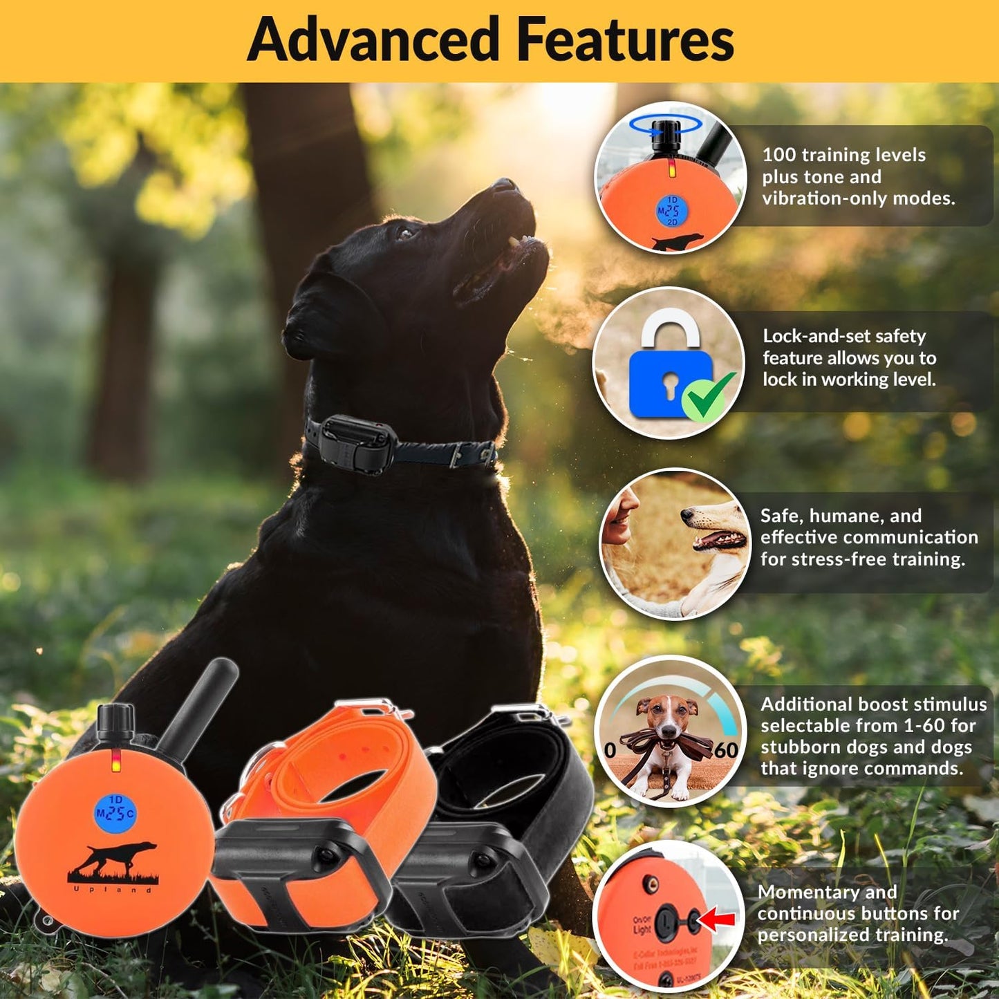 E-Collar Humane Dog Training Collar with Remote, Features 100 Levels of Safe Stimulation, Tapping Sensation, Night Light, Waterproof, Rechargeable, 1 Mile 2 Dog, Upland Orange