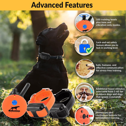 E-Collar Humane Dog Training Collar with Remote, Features 100 Levels of Safe Stimulation, Tapping Sensation, Night Light, Waterproof, Rechargeable, 1 Mile 2 Dog, Upland Orange