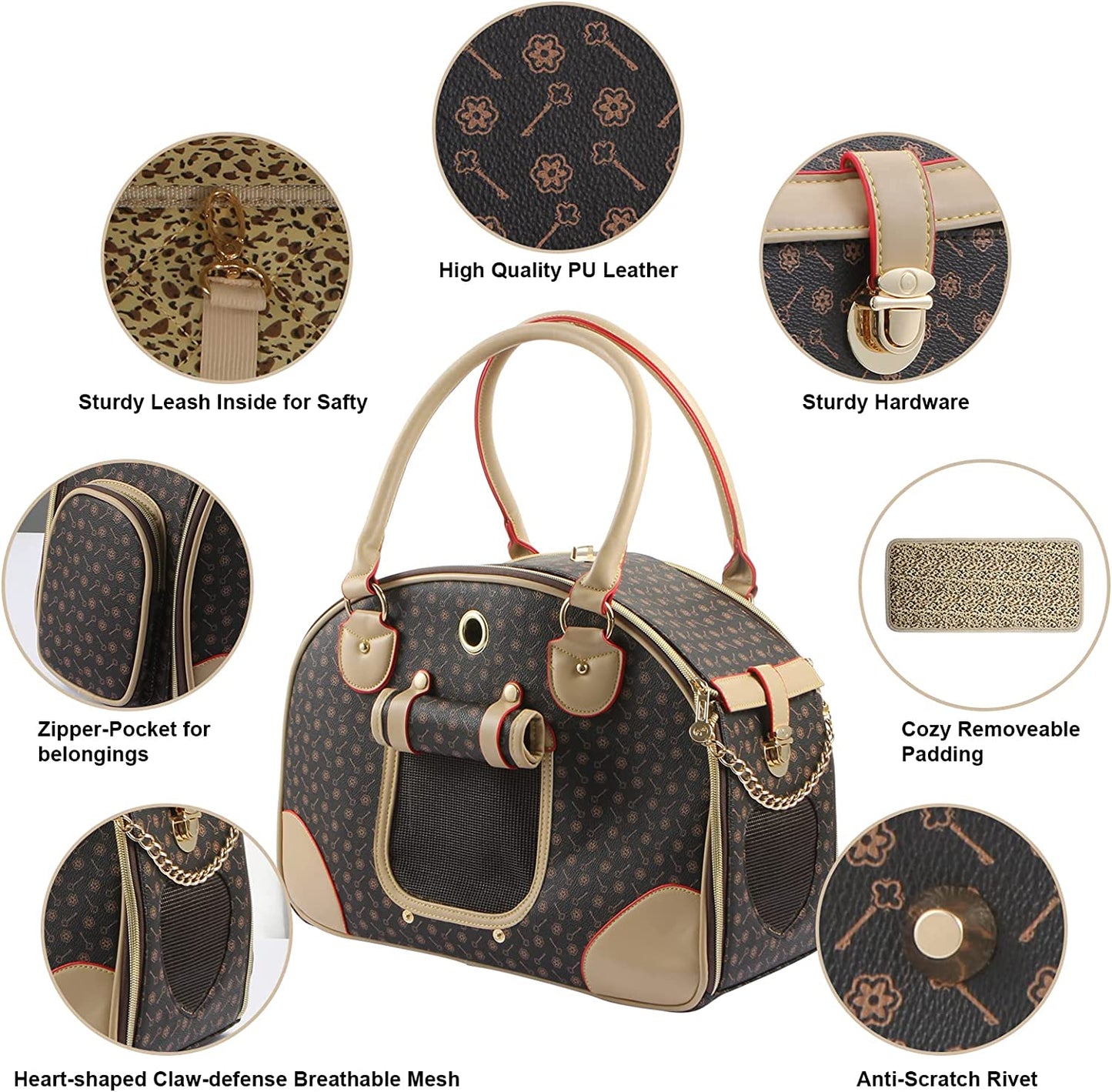 Fashion Dog Carrier PU Leather Dog Handbag Dog Purse Cat Tote Bag Pet Cat Dog Hiking Bag, Brown, Large