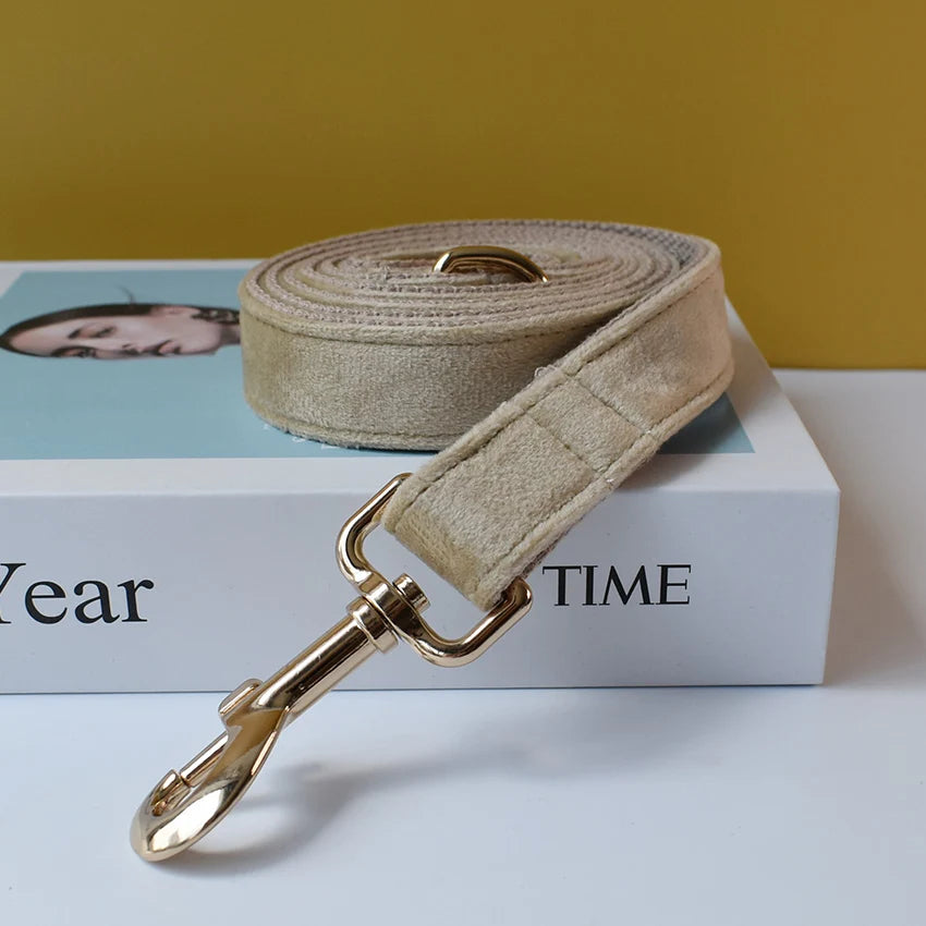 Free Engrave Fabric Dog Collar Leash Set for Medium Big Pet Necklace with Bow Tie Khaki Velvet Name Necklace Flannelette 09