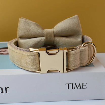 Free Engrave Fabric Dog Collar Leash Set for Medium Big Pet Necklace with Bow Tie Khaki Velvet Name Necklace Flannelette 09