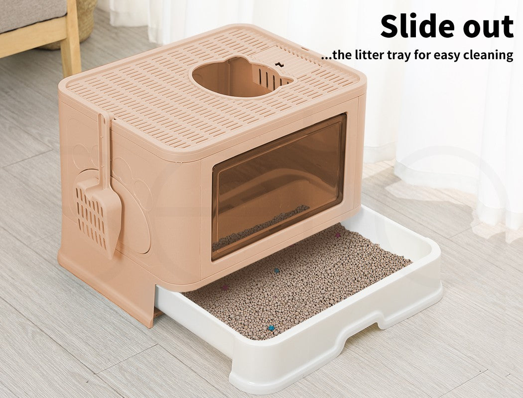 Pawz Foldable Cat Litter Box Tray Enclosed Kitty Toilet Hood Hair Grooming Pink
