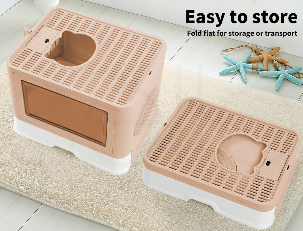 Pawz Foldable Cat Litter Box Tray Enclosed Kitty Toilet Hood Hair Grooming Pink