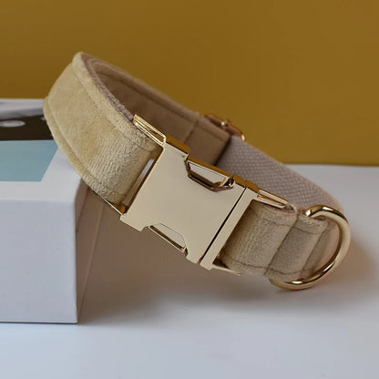 Free Engrave Fabric Dog Collar Leash Set for Medium Big Pet Necklace with Bow Tie Khaki Velvet Name Necklace Flannelette 09