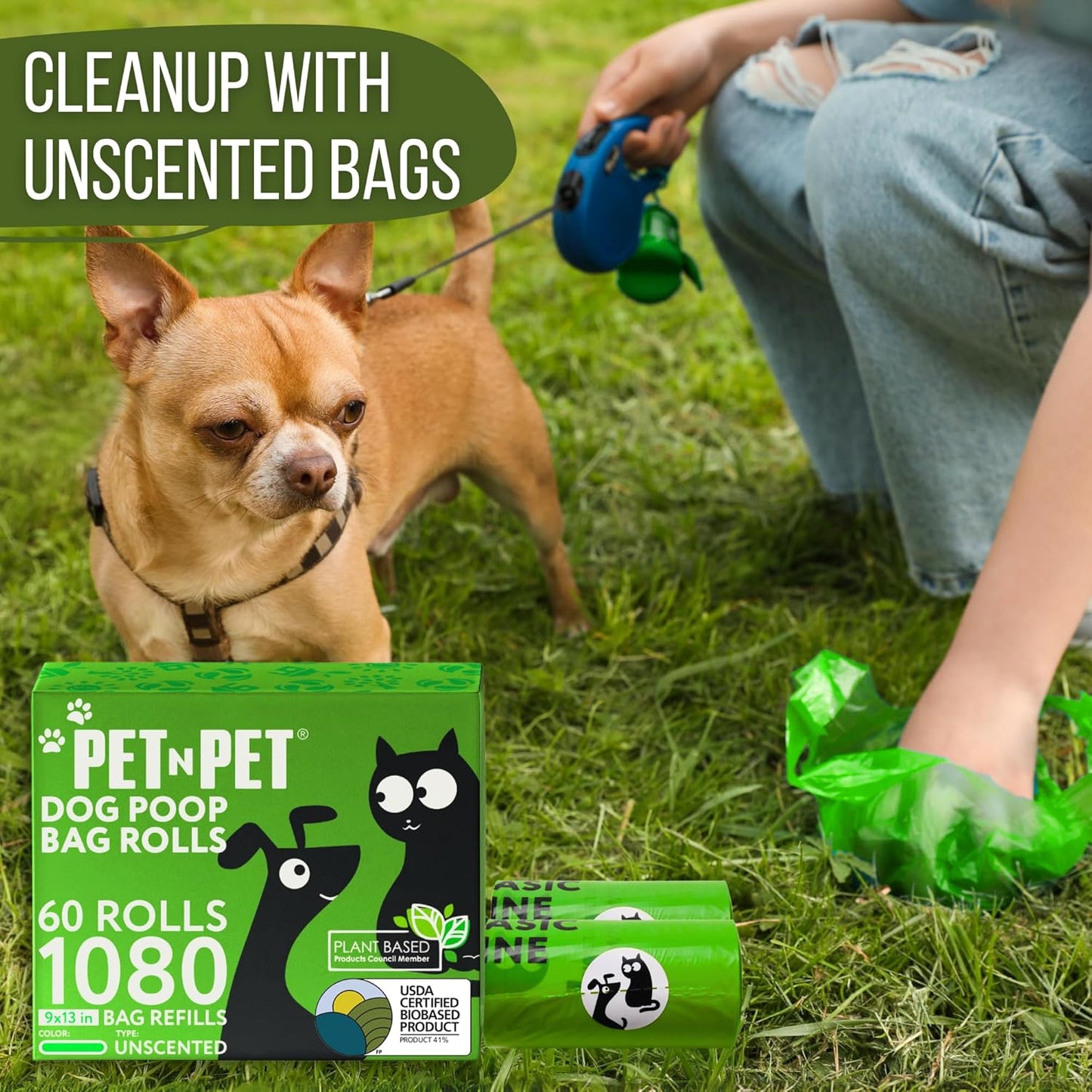1080 Count Dog Poop Bags USDA 41% Plant Based 60 Rolls of Strong & Thick Dog Waste Poo Bags 9X13 Green Unscented Poop Holder