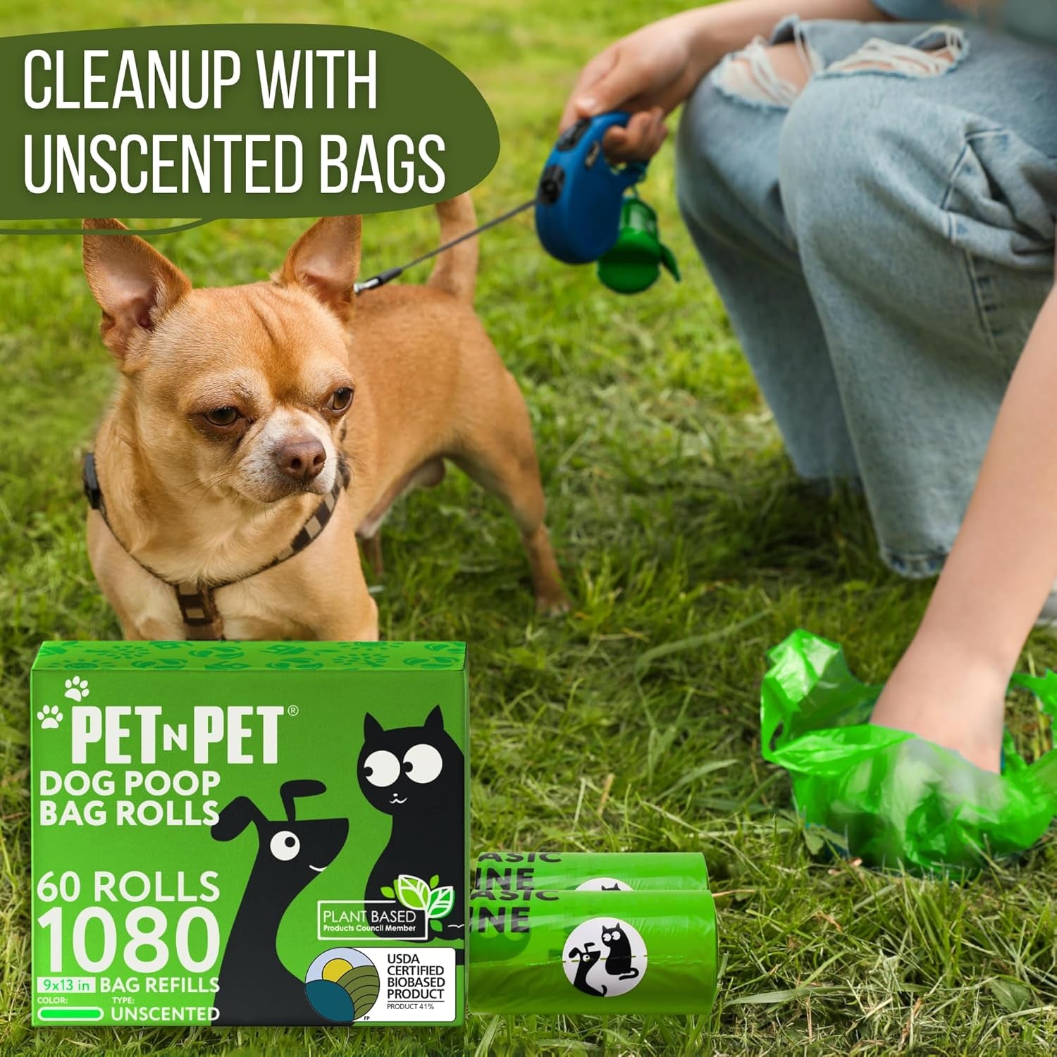 1080 Count Dog Poop Bags USDA 41% Plant Based 60 Rolls of Strong & Thick Dog Waste Poo Bags 9X13 Green Unscented Poop Holder