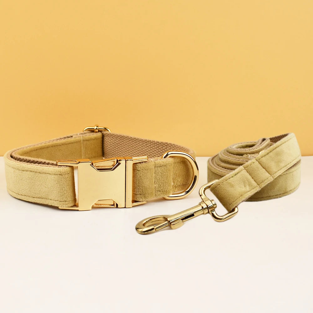 Free Engrave Fabric Dog Collar Leash Set for Medium Big Pet Necklace with Bow Tie Khaki Velvet Name Necklace Flannelette 09