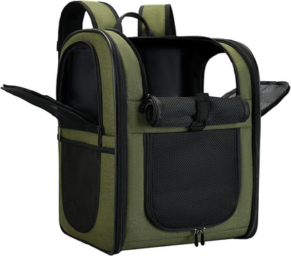 Dog & Cat Carrier Backpack for 4-15Lb Pets - Ventilated Safe Design with Padded Back Support, Breathable Mesh Pet Backpack for Hiking, Travel, Outdoor (Green)