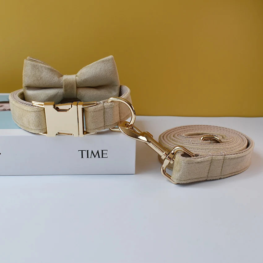 Free Engrave Fabric Dog Collar Leash Set for Medium Big Pet Necklace with Bow Tie Khaki Velvet Name Necklace Flannelette 09