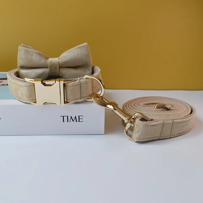 Free Engrave Fabric Dog Collar Leash Set for Medium Big Pet Necklace with Bow Tie Khaki Velvet Name Necklace Flannelette 09