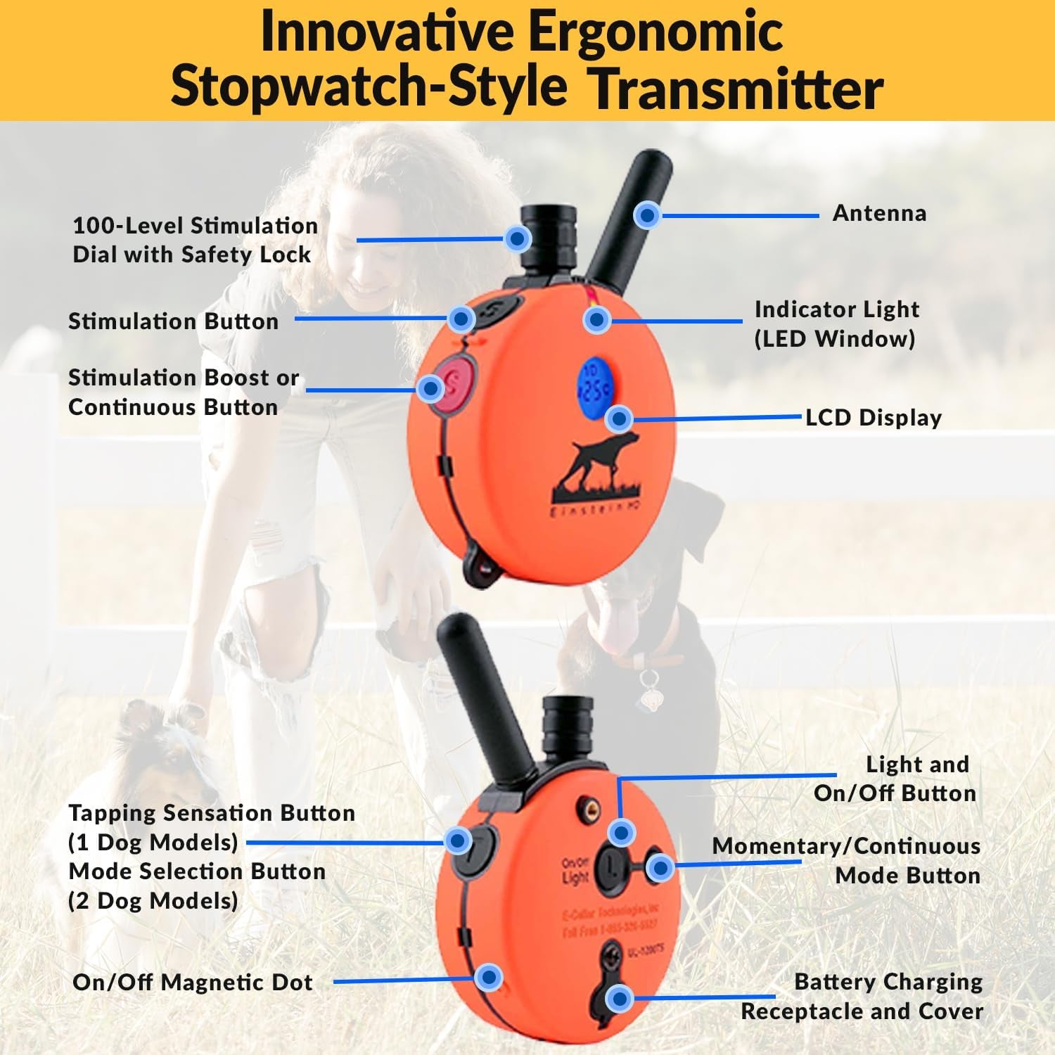 E-Collar Humane Dog Training Collar with Remote, Features 100 Levels of Safe Stimulation, Tapping Sensation, Night Light, Waterproof, Rechargeable, 1 Mile 2 Dog, Upland Orange