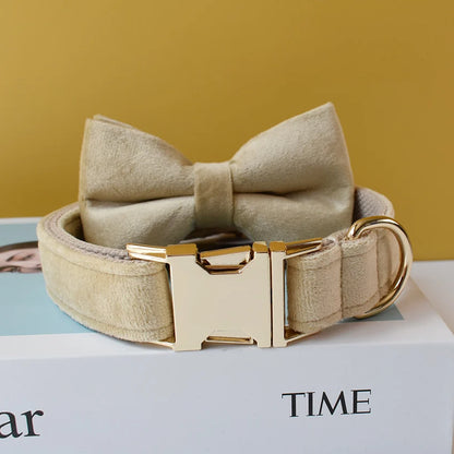 Free Engrave Fabric Dog Collar Leash Set for Medium Big Pet Necklace with Bow Tie Khaki Velvet Name Necklace Flannelette 09
