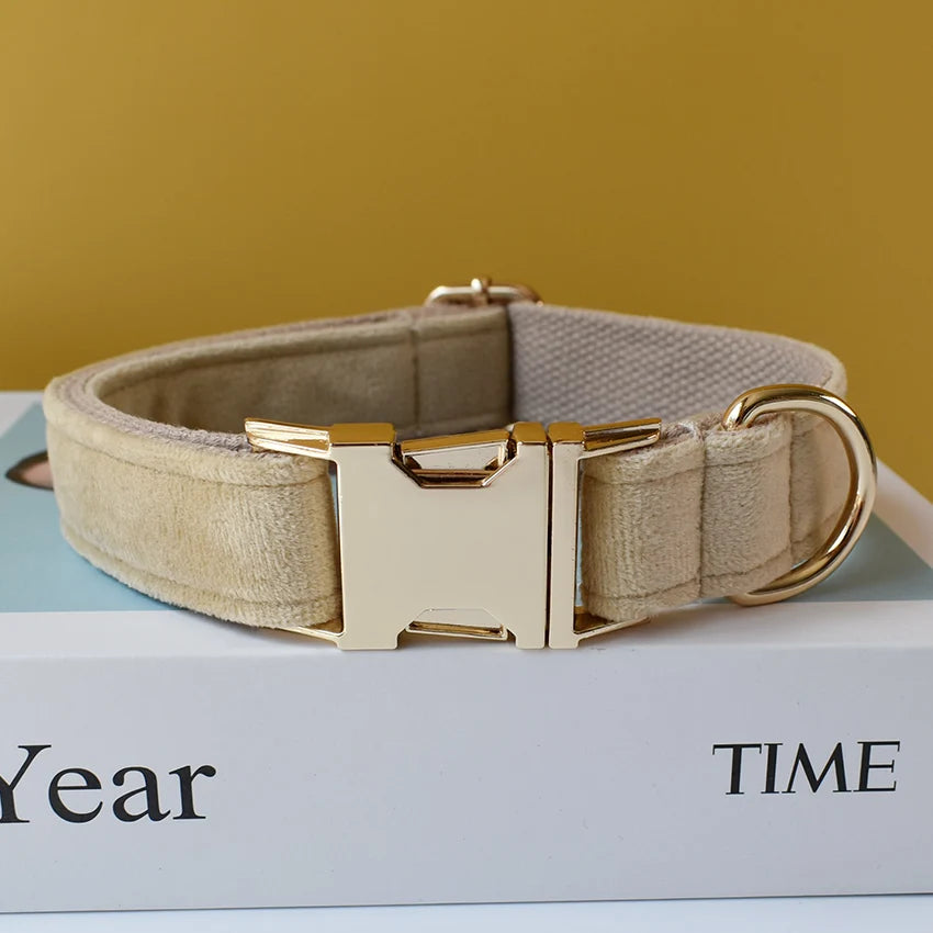 Free Engrave Fabric Dog Collar Leash Set for Medium Big Pet Necklace with Bow Tie Khaki Velvet Name Necklace Flannelette 09