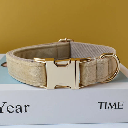 Free Engrave Fabric Dog Collar Leash Set for Medium Big Pet Necklace with Bow Tie Khaki Velvet Name Necklace Flannelette 09