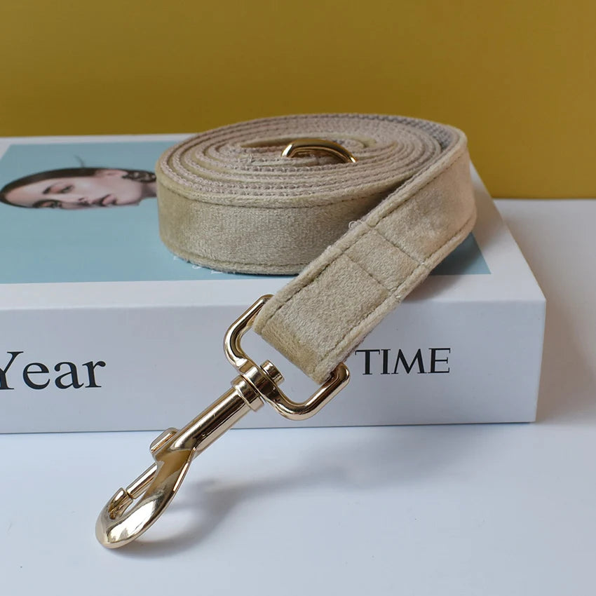 Free Engrave Fabric Dog Collar Leash Set for Medium Big Pet Necklace with Bow Tie Khaki Velvet Name Necklace Flannelette 09