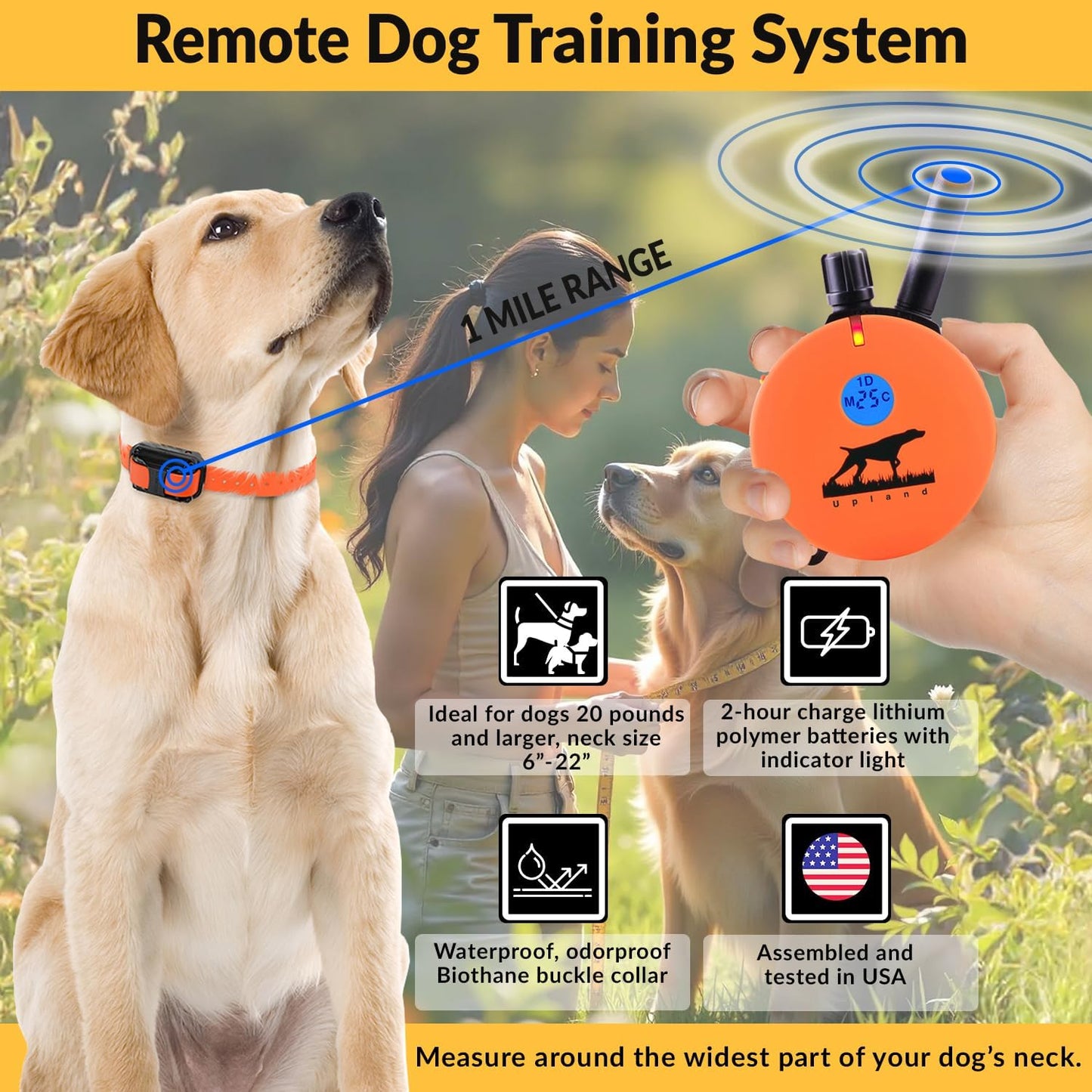 E-Collar Humane Dog Training Collar with Remote, Features 100 Levels of Safe Stimulation, Tapping Sensation, Night Light, Waterproof, Rechargeable, 1 Mile 2 Dog, Upland Orange